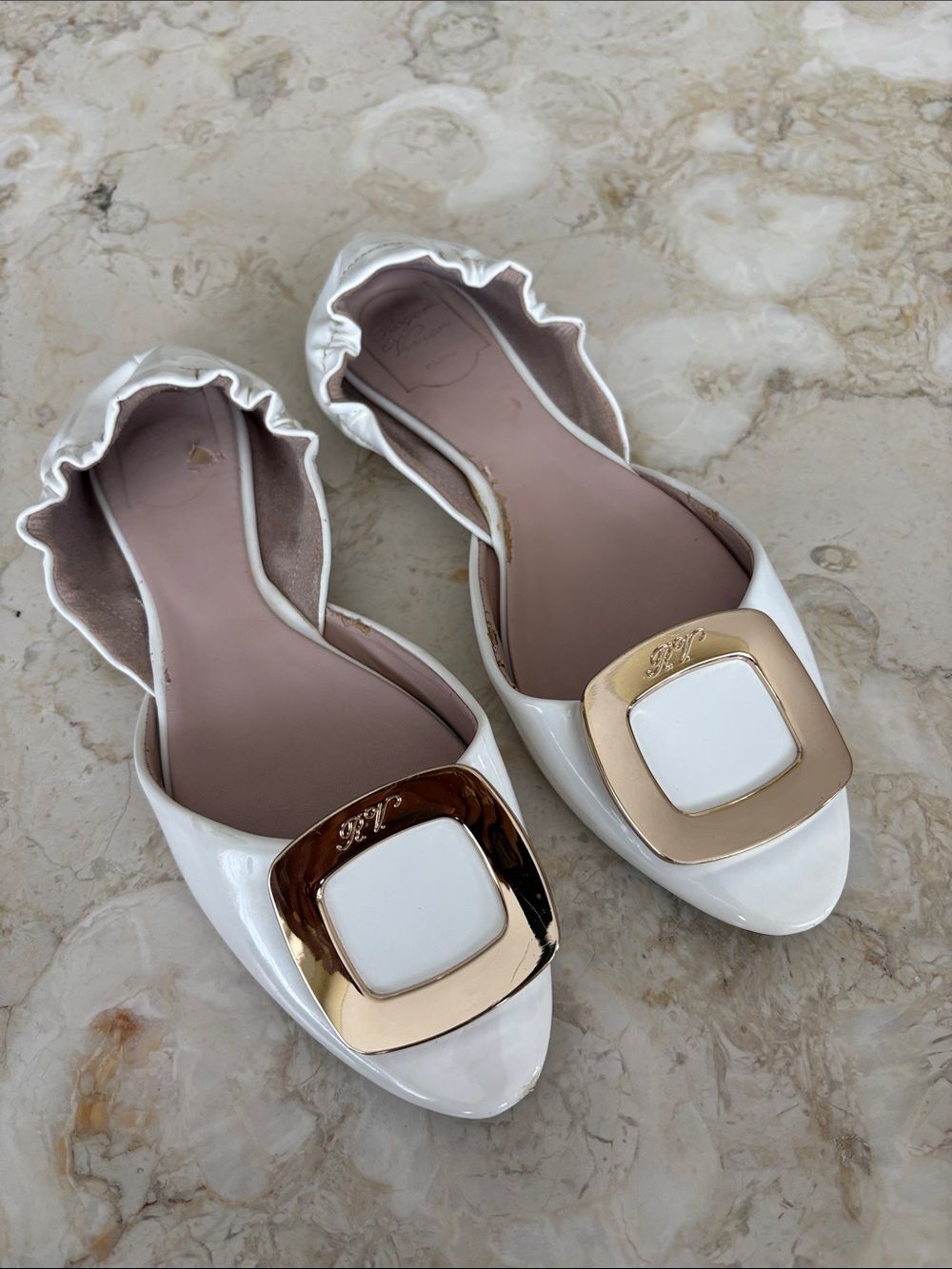Roger Vivier Chips D'Orsay Ballerina Flats White Patent Leather